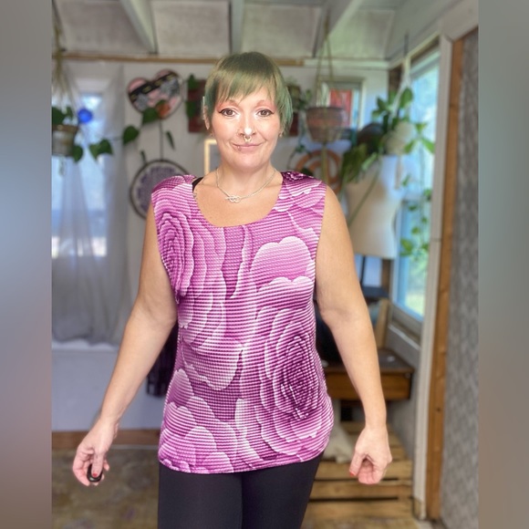 Vintage Y2K 90s Rose Floral Purple Accordion Style Blouse 1X Small Medium Large - Picture 8 of 16